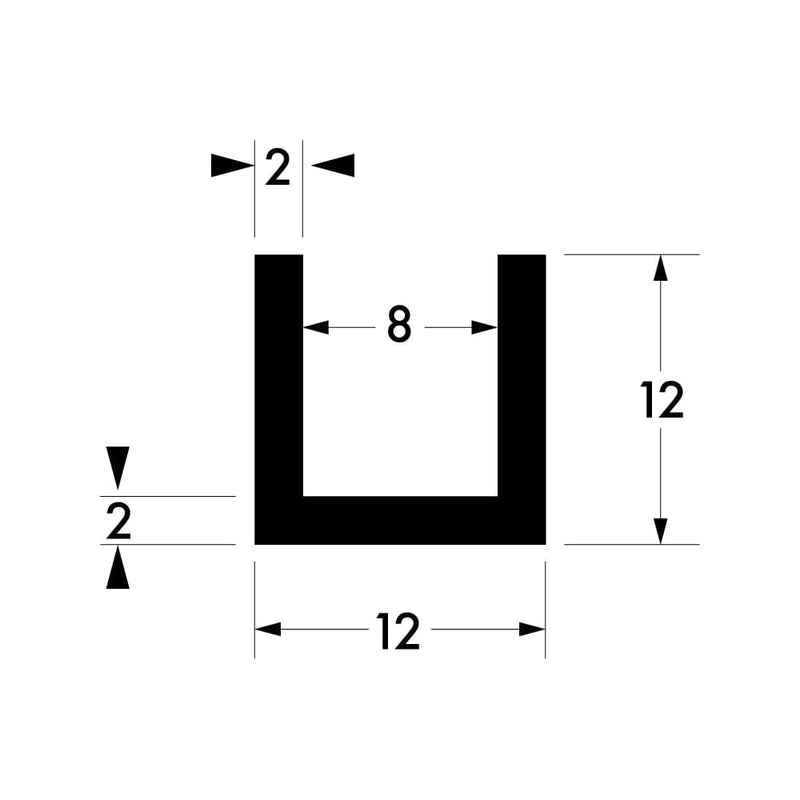 12 mm x 12 mm x 2 mm x 2 mm - Aluminium Channel Diagram
