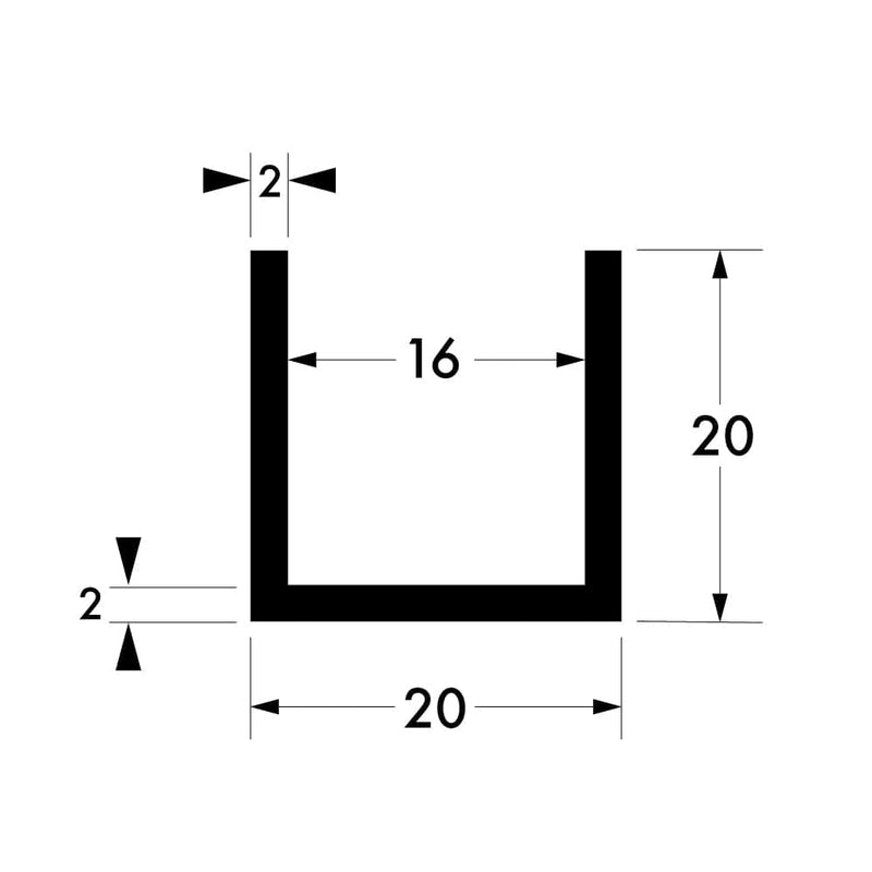 20 mm x 20 mm x 2 mm x 2 mm - Aluminium Channel Diagram