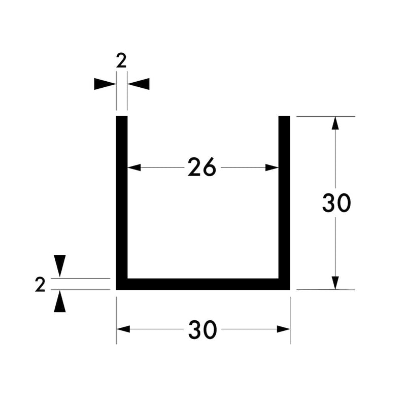 30 mm x 30 mm x 2 mm x 2 mm - Aluminium Channel Diagram